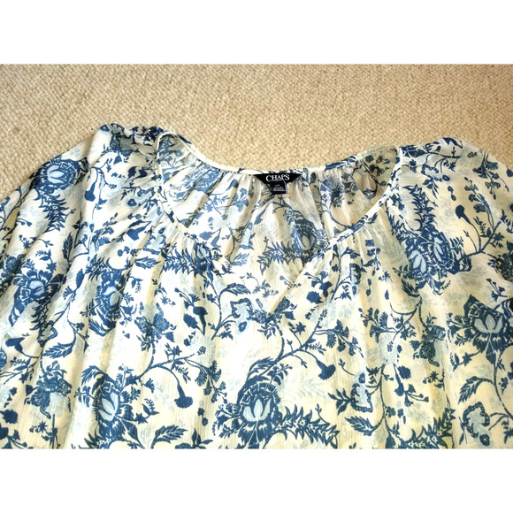NWOT Womens Top-CHAPS RALPH LAUREN-blue/white floral silky sheer tunic flutter-L - Picture 2 of 4